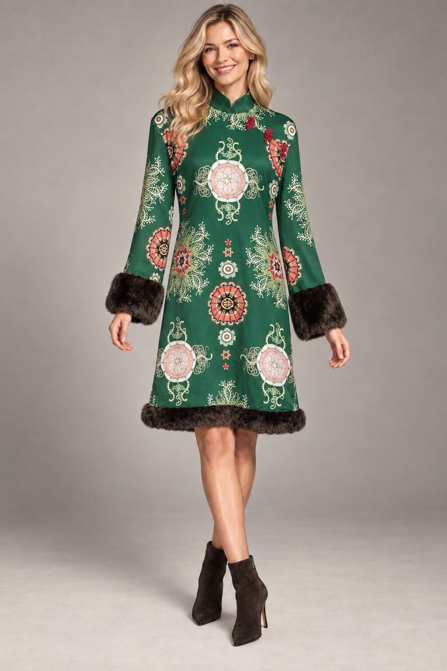 100% Silk Green A-Line Dress 4 Italian Design Brown Alpaca Trim Mandarin Collar